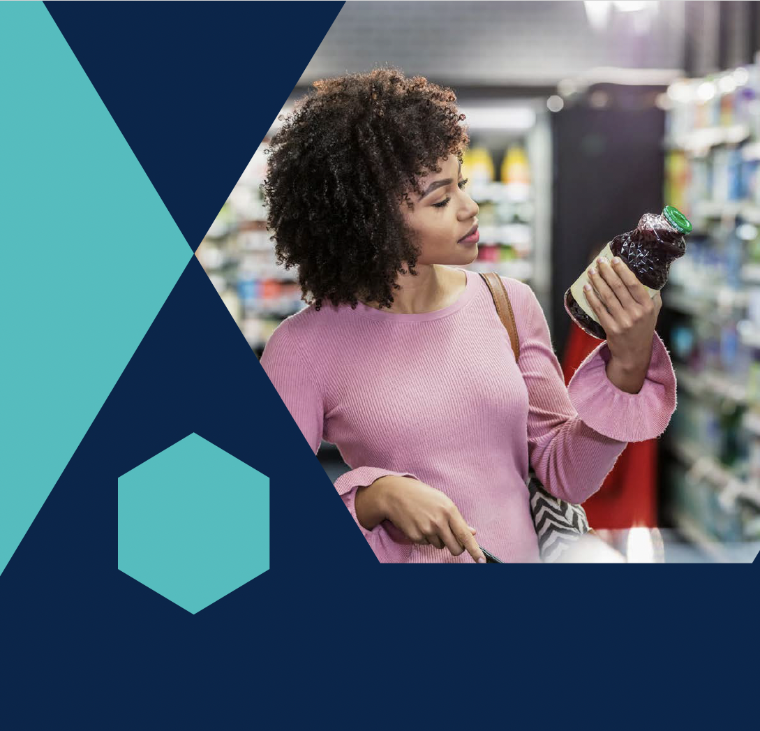 Graphic with woman holding a jar in a grocery store looking at the label